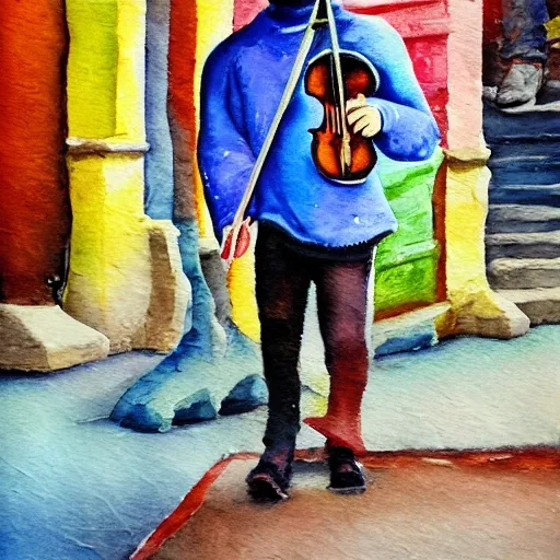 boy walking in a street with his violin and a guitar in one hand shouting I want peace, Trippy, Oil Painting, Water Color, 3D