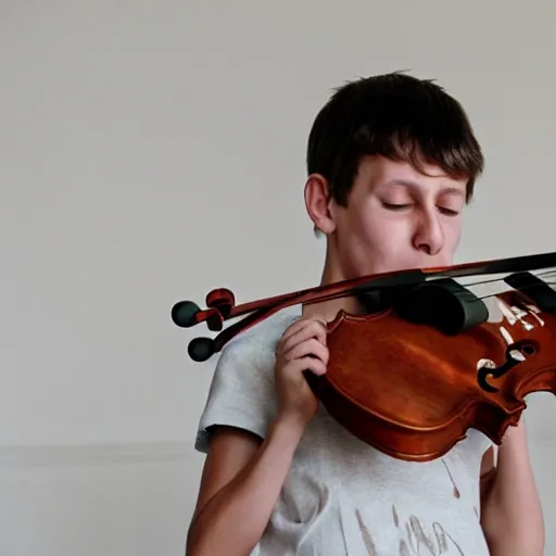 boy crying with his violin for a girl named michelle