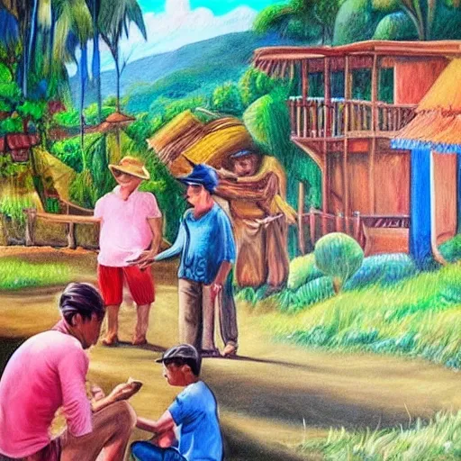 Draw a scene of a grandfather storytelling to his grandson in a smallville Cocorna Antioquia. Show their bond, town's charm, and the significance of storytelling, Oil Painting