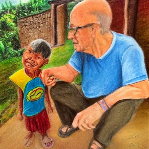 Draw a scene of a grandfather storytelling to his grandson in a smallville Cocorna Antioquia. Show their bond, town's charm, and the significance of storytelling, Oil Painting