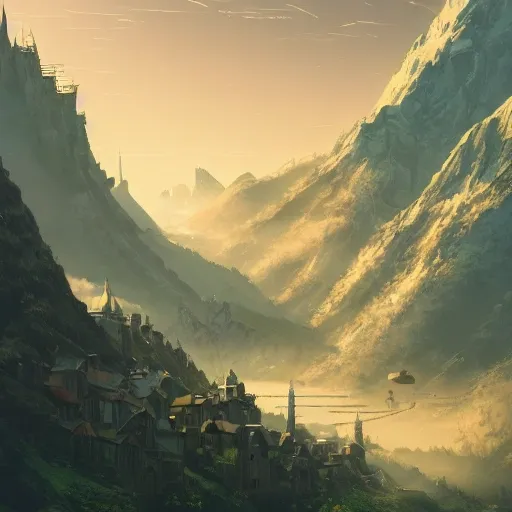 Authentic illustrations of different cities in The Lord of the Rings,Magnificent super wide angle,high quality, 8k,high resolution, city landscape, side scrolling, Rule of Thirds, 4K, Retrofuturism,by makoto shinkai,Anton Fadeev, thomas kinkade,greg rutkowski