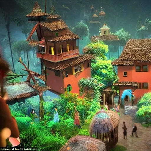 Develop an AI system that generates a visually stunning depiction of a magical village in Antioquia, resembling a place of enchantment and wonder. The prompt should be concise, using fewer than 1000 characters. Focus on creating a scene with captivating architecture, lush landscapes, and an otherworldly atmosphere. The AI should strive to evoke a sense of awe and transport viewers to a realm where magic thrives