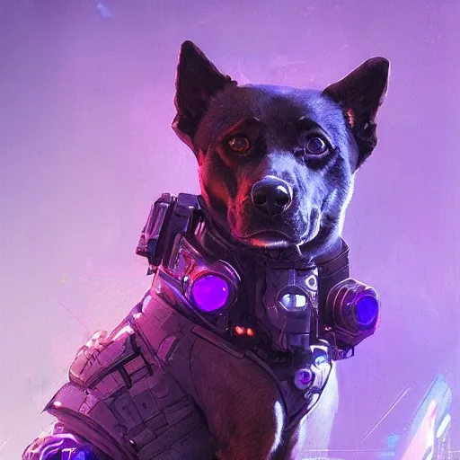 a beautiful portrait of a cute cyberpunk dog by greg rutkowski and wlop, purple blue color scheme, high key lighting, digital art, highly detailed, fine detail, intricate, ornate, complex 