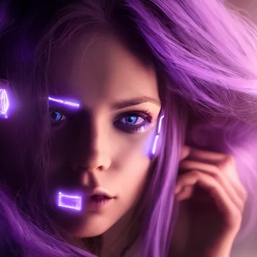 a beautiful portrait of a cute cyberpunk sexy girl , purple blue color scheme, high key lighting, volumetric light, digital art, highly detailed, fine detail, intricate, ornate, complex, octane render, unreal engine, photorealistic , sci-fi