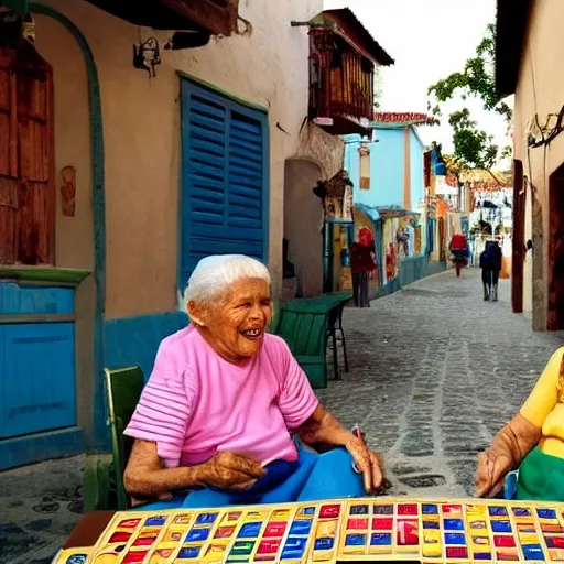 Generate an picture an Antioquian town, where elderly grandparents are joyfully playing a game of parchis. Capture the vibrant atmosphere, the traditional architecture, and the heartwarming bond shared between the grandparents as they engage in this cherished pastime