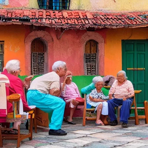 Generate an picture an Antioquian town, where elderly grandparents are joyfully playing a game of parchis. Capture the vibrant atmosphere, the traditional architecture, and the heartwarming bond shared between the grandparents as they engage in this cherished pastime, 3D