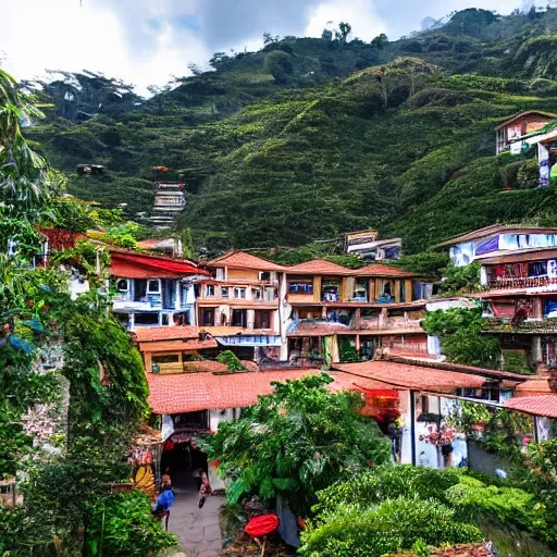 In the heart of Antioquia, nestled amidst lush green hills and winding rivers, lies a hidden gem—an enchanting village that seems to have emerged from the pages of a fairy tale. Imagine a place where time slows down, and the air is filled with a magical essence.

Picture yourself strolling through narrow cobblestone streets, lined with vibrant houses adorned with colorful flowers cascading from window boxes. As you wander, you notice charming cafes with inviting outdoor seating, where locals gather to share stories and laughter over steaming cups of rich Colombian coffee.

The village square stands as the heart of this magical place, a bustling hub of activity. A majestic fountain stands tall, its waters shimmering under the golden sunlight. Surrounding the square are quaint shops and boutiques, their displays showcasing handmade crafts, intricate pottery, and locally sourced treasures.

As you explore further, you come across a hidden garden—a secret oasis brimming with blooming flowers, towering trees, and meandering paths. This serene haven offers a peaceful escape, where you can sit on weathered benches, bask in the gentle breeze, and listen to the harmonious melodies of birds singing.

Venturing outside the village, you find yourself immersed in nature's wonderland. Majestic waterfalls cascade down moss-covered cliffs, creating a symphony of rushing water. Follow the sound and discover hidden trails leading to breathtaking viewpoints, offering panoramic vistas of rolling hills and emerald valleys that stretch as far as the eye can see.

In the evening, the village transforms into a captivating scene. Soft, warm lights twinkle along the streets, casting a romantic glow over the village square. The aroma of freshly baked bread and savory delicacies wafts through the air, drawing you towards the cozy restaurants that line the streets. Here, you can indulge in traditional Antioquian cuisine, bursting with flavors that awaken your senses and warm your soul.

As the night unfolds, the village comes alive with music and celebration. Local musicians strum guitars and play traditional melodies, inviting everyone to join in a joyful dance. The spirit of camaraderie fills the air, and strangers quickly become friends, united by the enchantment that surrounds them.

Welcome to this magical village in Antioquia, where the everyday world fades away, and dreams take flight. Step into this realm of wonder, where the old meets the new, and experience the beauty and charm that can only be found in a place where magic is woven into every corne