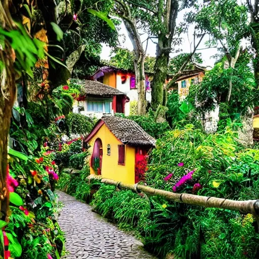 In the heart of Antioquia, nestled amidst lush green hills and winding rivers, lies a hidden gem—an enchanting village that seems to have emerged from the pages of a fairy tale. Imagine a place where time slows down, and the air is filled with a magical essence.

Picture yourself strolling through narrow cobblestone streets, lined with vibrant houses adorned with colorful flowers cascading from window boxes. As you wander, you notice charming cafes with inviting outdoor seating, where locals gather to share stories and laughter over steaming cups of rich Colombian coffee.

The village square stands as the heart of this magical place, a bustling hub of activity. A majestic fountain stands tall, its waters shimmering under the golden sunlight. Surrounding the square are quaint shops and boutiques, their displays showcasing handmade crafts, intricate pottery, and locally sourced treasures.

As you explore further, you come across a hidden garden—a secret oasis brimming with blooming flowers, towering trees, and meandering paths. This serene haven offers a peaceful escape, where you can sit on weathered benches, bask in the gentle breeze, and listen to the harmonious melodies of birds singing.

Venturing outside the village, you find yourself immersed in nature's wonderland. Majestic waterfalls cascade down moss-covered cliffs, creating a symphony of rushing water. Follow the sound and discover hidden trails leading to breathtaking viewpoints, offering panoramic vistas of rolling hills and emerald valleys that stretch as far as the eye can see.

In the evening, the village transforms into a captivating scene. Soft, warm lights twinkle along the streets, casting a romantic glow over the village square. The aroma of freshly baked bread and savory delicacies wafts through the air, drawing you towards the cozy restaurants that line the streets. Here, you can indulge in traditional Antioquian cuisine, bursting with flavors that awaken your senses and warm your soul.

As the night unfolds, the village comes alive with music and celebration. Local musicians strum guitars and play traditional melodies, inviting everyone to join in a joyful dance. The spirit of camaraderie fills the air, and strangers quickly become friends, united by the enchantment that surrounds them.

Welcome to this magical village in Antioquia, where the everyday world fades away, and dreams take flight. Step into this realm of wonder, where the old meets the new, and experience the beauty and charm that can only be found in a place where magic is woven into every corne, 3D