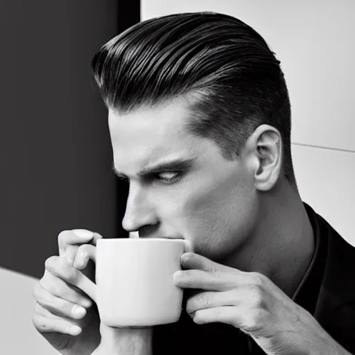 A sleek, contemporary, entirely white 11oz mug delicately held by a striking and well-groomed man with sharply groomed hair and an impeccable sense of style. ((in the style of advertising photography)), with ((dramatic high contrast lighting)), emphasizing the reflective surface of the mug