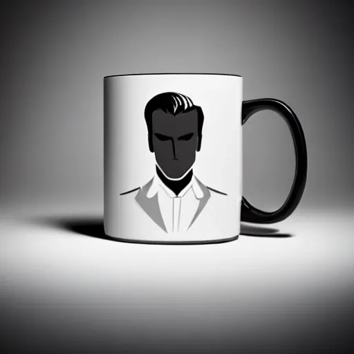 A sleek, contemporary, entirely white 11oz mug delicately held by a striking and well-groomed man with sharply groomed hair and an impeccable sense of style. ((in the style of advertising photography)), with ((dramatic high contrast lighting)), emphasizing the reflective surface of the mug