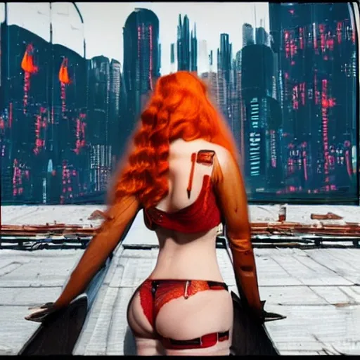 (best quality: 1.4), ((masterpiece)),((ultra_realistic)), (detailed),1girl, gloomy, beautiful redhead, see-through_bra, cyberpunk_suit, Glamor Shot, flushed face, full body, from behind, front the camera, half naked, spaceship on a dock in the background