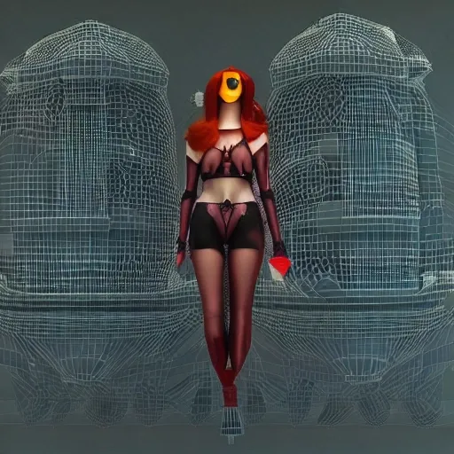 (best quality: 1.4), ((masterpiece)),((ultra_realistic)), (detailed),1girl, gloomy, beautiful redhead, see-through_bra, cyberpunk_suit, Glamor Shot, flushed face, full body, from behind, front the camera, half naked, spaceship on a dock in the background, 3D