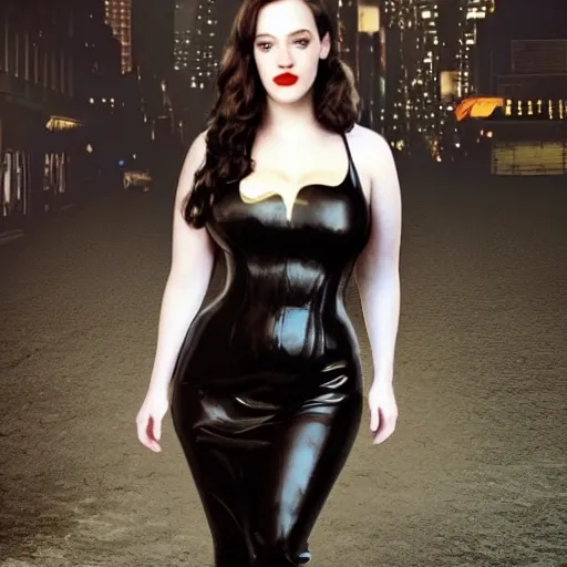 Superohero: face Kat Dennings: Outfit Cat women suit with gold high lights: Nighttime city outside dark alley, photo realistic. 