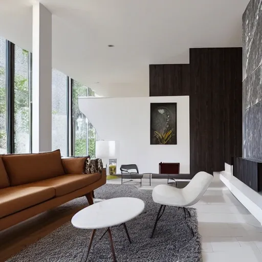 A modern living room with a beautiful white marble table between 2 white sofas ,on the left of the living room there are floor to ceiling glass window and on the right of the living room there are wooden stairs to the second floor, 8k resolution, professional interior design photograph, 3 men and 4 women are having a few drinks in the room