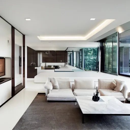 A modern living room with a beautiful white marble table between 2 white sofas ,on the left of the living room there are floor to ceiling glass window and on the right of the living room there are wooden stairs to the second floor, 8k resolution, professional interior design photograph, 3 men and 4 women are having a few drinks in the room, 3D