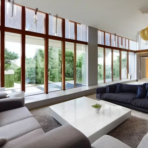 A modern living room with a beautiful white marble table between 2 white sofas ,on the left of the living room there are floor to ceiling glass window and on the right of the living room there are wooden stairs to the second floor, 8k resolution, professional interior designphotograph, 3 men and 4 women are having a few drinks in the room, 3D