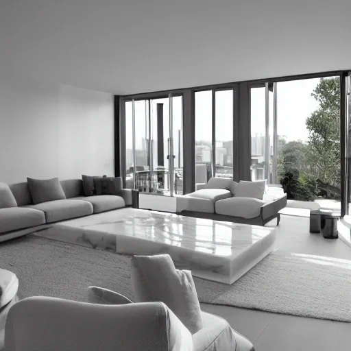 A modern living room with a beautiful white marble table  sofas ,on the left of the living room there are floor to ceiling glass window and on the right of the living room de 2mx120m stairs to the second floor, 8k resolution, professional interior designphotograph, 3 men and 4 women are having a few drinks in the room, 3D