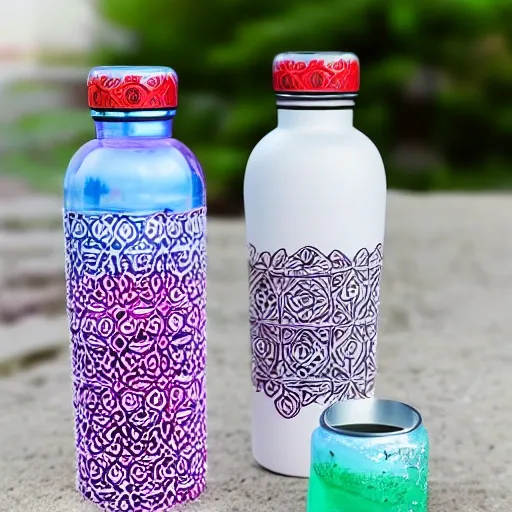 Design a breathtaking water bottle that embraces the essence of "Brahmamaya." Incorporate the sacred word "Brahmamaya" prominently on the bottle, using elegant and artistic English lettering. Surround the inscription with intricate patterns or motifs that reflect the beauty and harmony of the natural world. Consider using a combination of vibrant colors and soothing tones to create a visually stunning contrast. Ensure the water bottle is not only aesthetically pleasing but also practical, with a comfortable grip and a spill-proof lid. Let your design evoke a sense of spirituality and serenity, making it more than just a water bottle, but a vessel for inner peace and nourishment., 3D