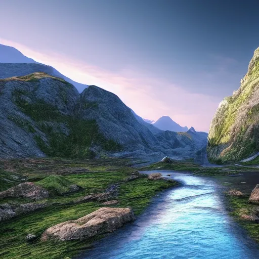 A realistic beautiful natural landscape, mountain, river, 4k resolution, hyper detailed