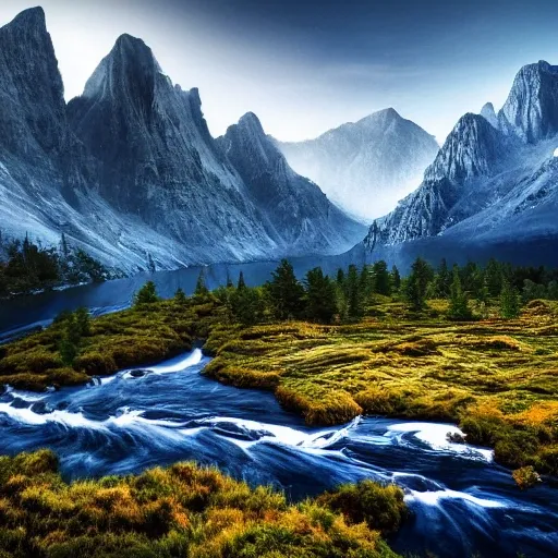 A realistic beautiful natural landscape, mountain, river, 4k resolution, hyper detailed