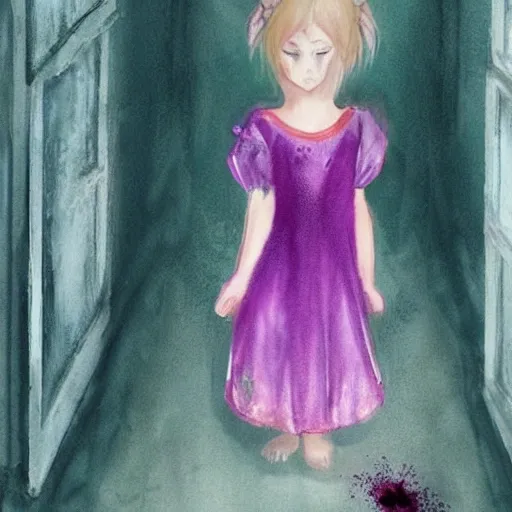 A girl of 6 years trapped in scarlet magical fire in run down castle hallway, wearing a violet frock which is half burnt and tattered, tears in her eye, soot and bruises on her hand, blood dropping from her left head, Water Color, Water Color