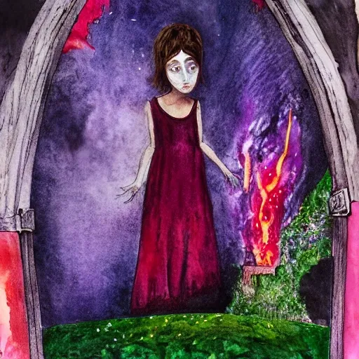 A girl of 6 years trapped in scarlet magical fire in run down castle hallway, wearing a violet frock which is half burnt and tattered, tears in her eye, soot and bruises on her hand, blood dropping from her left head, Water Color, Water Color, Oil Painting, Trippy