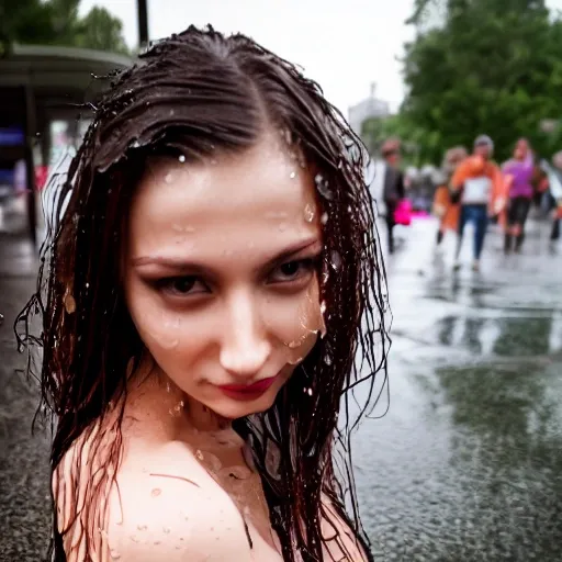 fullbody,  fit legs, (detailed), realistic, best quality, model with wet brown long hair in a bus stop, crowded, people in the background, raining, heavy rain, playing with water, puddle, wearing see through sundress, long sleeves, jewelry, necklace, wet body, laughing, water splash, nipple splashing water, makeup, cute face, 4k, fit body, medium_breasts,