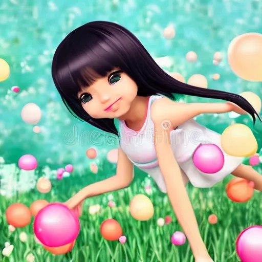 Super cute girl IP, black hair with bangs, facing forward, sweet smile, spring background, Bubble Mart style, soft focus, 3D illustration, best quality, 8k--ar 3:4 --niji 5