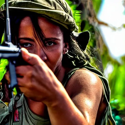 Amidst the chaos of a dense jungle warzone, a stunning and buxom Cuban revolutionary fighter takes center stage. With her unwavering resolve, she stands tall, her rifle firmly gripped in her hands as she unleashes a storm of bullets towards the enemy. The cacophony of gunfire echoes through the thick foliage, punctuated by the sharp cracks of her rifle. The intensity of the moment is heightened by the presence of a combat photographer capturing the scene. With steady hands, the photographer captures the essence of her bravery and determination, the camera clicking in rapid succession. Sweat glistens on her brow, mixing with the dirt and grime of battle, while her uniform bears the marks of countless struggles. Yet, amidst the chaos, her beauty shines through, a testament to her inner strength and unwavering spirit. The combination of her alluring presence and the raw power of her actions creates a striking image that encapsulates the courage and defiance of a Cuban revolutionary fighter in the face of adversity. Bullets are flying and the jungle is in flames, planes overhead are dropping bombs. realistic, best quality, photo-realistic, (best quality:1.3), realistic, photo-realistic, Best quality, masterpiece, ultra high res, (photorealistic:1.4) 2girls