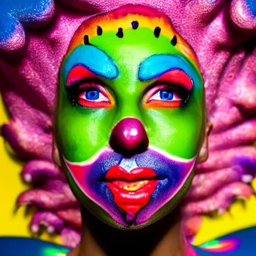 a close up of a person wearing clown makeup, a portrait, inspire ...