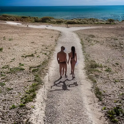 
, una pareja caminando descalza por la arena blanca, aguas turquesas y cristalinas bañando sus pies, una suave brisa marina acariciando sus cabellos, Fotografía, cámara DSLR con lente gran angular, --ar 16:9 --v 5