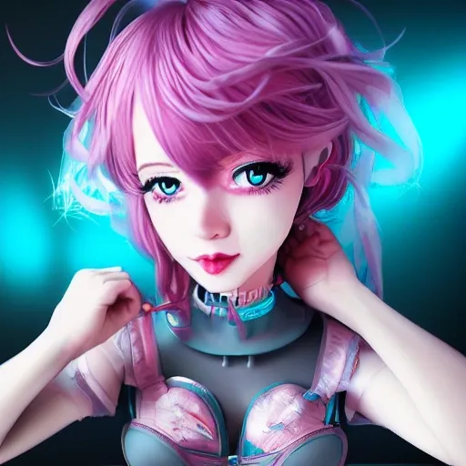 (best quality:1.4), ((masterpiece)),((ultra_realistic)), (detailed),1girl, frilled_bra, cyberpunk_outfit, Glamor Shot, blushed face, Excited, blue eyes, pink hair, Trippy