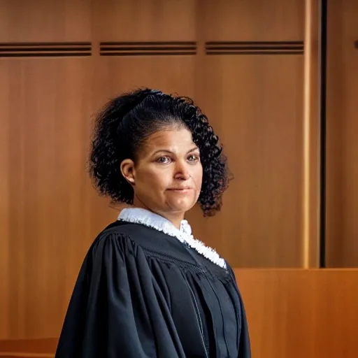 SFW Picture a captivating scene featuring a (beautiful mixed race Afro Norwegian female judge) confidently standing in her courtroom. ((Her Black judge's robe is open, revealing only sexy lace lingerie)), long curly hair pulled back into a ponytailThe judge stands tall and exudes authority, radiating a sense of wisdom and fairness. Her skin has a radiant glow, and (((her hair, styled in a long curly ponytail)))The courtroom setting is grand and dignified, featuring wood-paneled walls, a raised judge's bench, and an attentive audience. The lighting is focused on the judge, illuminating her presence and emphasizing her role as a fair and just authority figure. The atmosphere is solemn yet respectful, capturing the gravity of the courtroom.The pose of the judge should convey both strength and grace. Imagine her standing with poise, one hand resting on the judge's bench while the other hand subtly adjusts her robe, revealing her sexy lingerie. Her facial expression should reflect a sense of confidence, intelligence, and impartiality, capturing the essence of her role as a judge.This artwork aims to celebrate diversity, representation, and the pursuit of justice. It showcases the beauty and individuality of a mixed race Afro Norwegian woman who holds a position of authority and influence in the legal system. The composition should evoke a sense of admiration, inspiring viewers with the image of a strong and empowered judge who embodies the values of fairness and equality.  intricate high detail, (vibrant, photo realistic, realistic, sharp focus) ((film grain, skin details, high detailed skin texture, 8k hdr, dslr)), perfect nipples, 8k uhd)) Highly detailed, shallow depth of field, photo realistic, beautiful, HD, 8K, perfect face, masterpiece, hyperrealisim, detailed skin