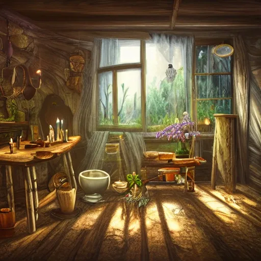 rustic oil painting, interior view of a cluttered herbalist cottage, waxy candles, wood furnishings, herbs hanging, light bloom, dust, ambient occlusion, rays of light coming through windows, Trippy