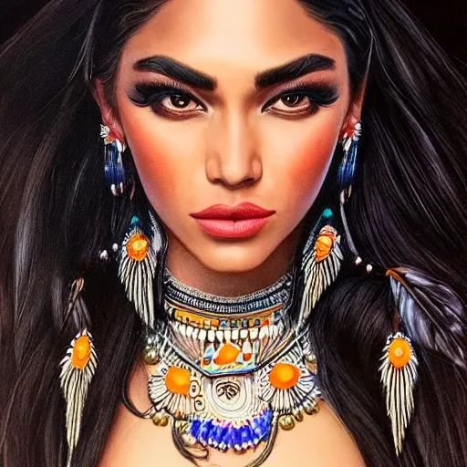 full body portrait photograph of Madison Beer as Pocahontas, young beautiful native american woman, perfect symmetrical face, feather jewelry, traditional handmade dress, armed female hunter warrior, (((wild west))) environment, Utah landscape, ultra realistic, concept art, elegant, ((intricate)), ((highly detailed)), depth of field, ((professionally color graded)), 8k, art by artgerm and greg rutkowski and alphonse mucha, 4k, clean, realistic face, realistic eyes, highest quality, realistic hands, trending on artstation, masterpiece, NSFW, five fingers