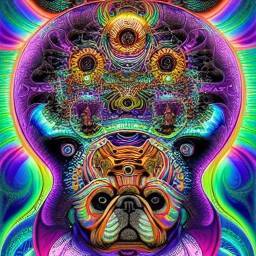 a beautiful digital art of a intricate ornate cosmic fractal bulldog shaman with a glowing third eye by dan mumford and alex grey, sacred in geometry, hd vibrant, hyper detailed, 3 d, ue 5, ultra fine detailed,