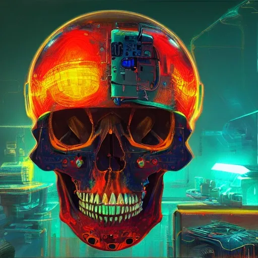 a painting of a skull with a large machine in the middle of it, cyberpunk art by Kuno Veeber, cgsociety, psychedelic art, psychedelic, 3d, sci-fi