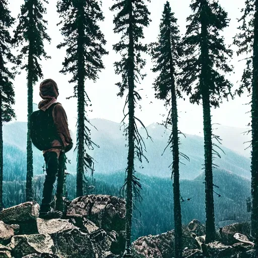 mountains,trees,man , Trippy