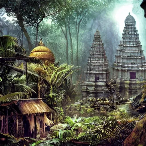 8 k concept art from a hindu temple lost in the jungle by david mattingly and samuel araya and michael whelan and dave mckean and richard corben. realistic matte painting with photorealistic hdr volumetric lighting. composition and layout inspired by gregory crewdson.