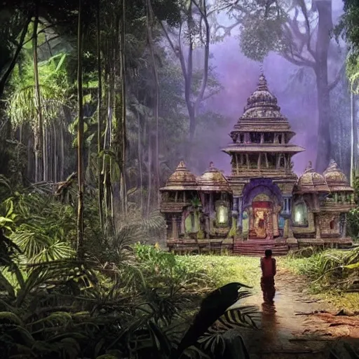 8 k concept art from a hindu temple lost in the jungle by david mattingly and samuel araya and michael whelan and dave mckean and richard corben. realistic matte painting with photorealistic hdr volumetric lighting. composition and layout inspired by gregory crewdson.