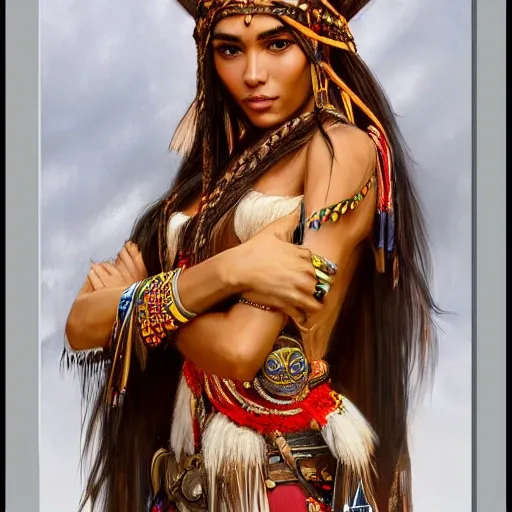 full body portrait photograph of Madison Beer as Pocahontas, young beautiful native american woman, perfect symmetrical face, feather jewelry, traditional handmade dress, armed female hunter warrior, (((wild west))) environment, Utah landscape, ultra realistic, concept art, elegant, ((intricate)), ((highly detailed)), depth of field, ((professionally color graded)), 8k, art by artgerm and greg rutkowski and alphonse mucha, 4k, clean, realistic face, realistic eyes, highest quality, realistic hands, trending on artstation, masterpiece, NSFW, five fingers