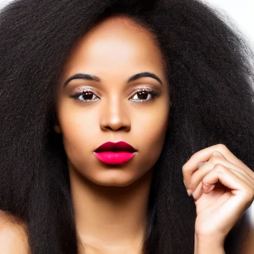 (african-american women), with Straight hair,long Black Hair, brown skin) Bushy eyelashes，Pale pink lips
 
