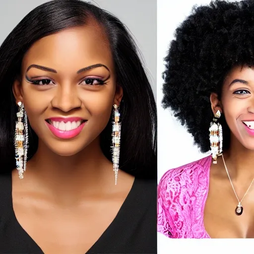(african-american women), with Straight hair,long Black Hair, brown skin) Bushy eyelashes，Pale pink lips，
 smile，With sparkling earrings，Wearing a white lace blouse，Sexy eyes
