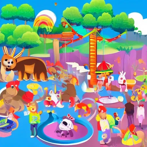 The title is Children's Day. There are children playing, bears, rabbits and other small animals. There are also some elements of the amusement park in it. It must have the characteristics of visual expression.Flat 2D cartoonization