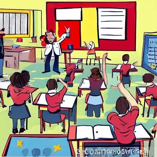 school classroom with pupils making noise and teacher unable to control the class, Cartoon, realistic