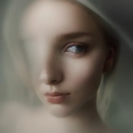 Close-up portrait of a young woman in a dreamlike atmosphere, stripped,
Mystical, ethereal, enchanting, poetic, surreal.
Surrounded by wisps of fog and soft, diffused lighting.
Her eyes glistening with an otherworldly glow.
A wide-angle shot taken with a tilt-shift lens, creating a dreamy and magical effect.