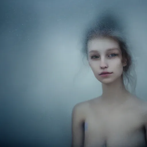 portrait of a young woman in a dreamlike atmosphere, stripped, natural soft skin,
Mystical, ethereal, enchanting, poetic, surreal.
Surrounded by wisps of fog and soft, diffused lighting.
Her eyes glistening with an otherworldly glow.
A wide-angle shot taken with a tilt-shift lens, creating a dreamy and magical effect.