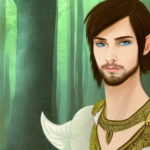 A detailed and intricate digital art piece in a cinematic style, a high elf with 21 years old and turquoise eyes who has fairy wings on his back, he is wearing an elegant white and gold tunic, in the background a forest 