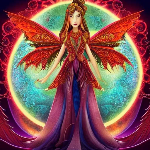 A detailed and intricate digital art piece in a cinematic style, a fire dragon fairy who has a fairy wings on his back, he is wearing an elegant tunic of fine silk fabrics combining a bright color palette, in the background volcanoes