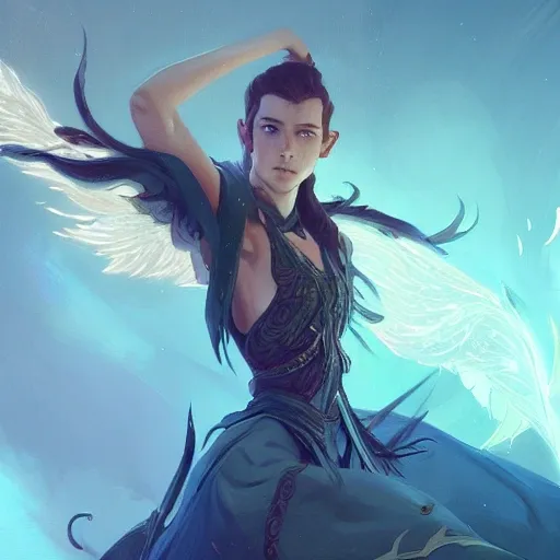 A detailed and intricate digital art piece in a cinematic style,a high elf with 21 years old and turquoise eyes who has fairy wings on his back, he is wearing an elegant white and gold tunic, light curly hair, casting a bright large-scale magical spell around herself, overflowing energy, highly detailed, digital painting, trending on artstation, pixiv, concept art, sharp focus, illustration, art by Ross Tran and Greg Rutkowski and Walt Disney animation